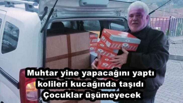 Muhtar yine yapacağını yaptı kolileri kucağında taşıdı Çocuklar üşümeyecek