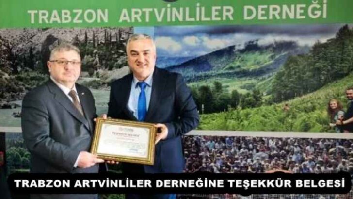 TRABZON ARTVİNLİLER DERNEĞİNE TEŞEKKÜR BELGESİ 