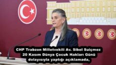 *CHP Trabzon Milletvekili Av. Sibel Suiçmez 20 Kasım Dünya Çocuk Hakları Günü dolayısıyla yaptığı açıklamada,
