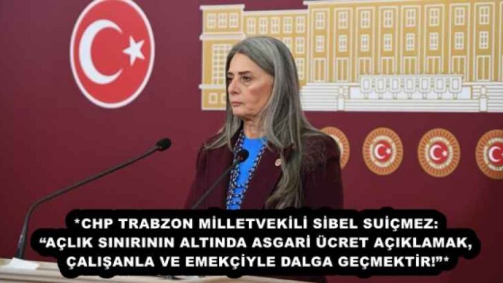 *CHP TRABZON MİLLETVEKİLİ SİBEL SUİÇMEZ: “AÇLIK SINIRININ ALTINDA ASGARİ ÜCRET AÇIKLAMAK, ÇALIŞANLA VE EMEKÇİYLE DALGA GEÇMEKTİR!”*