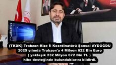 (TKDK) Trabzon-Rize İl Koordinatörü Şansal AYDOĞDU 2025 yılında Trabzon’a 4 Milyon 622 Bin Euro ( yaklaşık 232 Milyon 672 Bin TL ) hibe desteğinde bulunduklarını bildirdi.