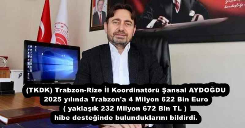 (TKDK) Trabzon-Rize İl Koordinatörü Şansal AYDOĞDU 2025 yılında Trabzon'a 4 Milyon 622 Bin Euro ( yaklaşık 232 Milyon 672 Bin TL ) hibe desteğinde bulunduklarını bildirdi.