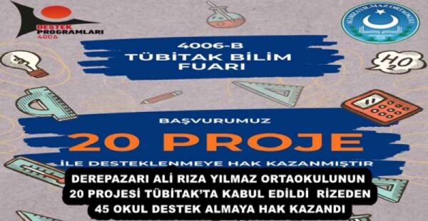 DEREPAZARI ALİ RIZA YILMAZ ORTAOKULUNUN 20 PROJESİ TÜBİTAK’TA KABUL EDİLDİ  RİZEDEN 45 OKUL DESTEK ALMAYA HAK KAZANDI