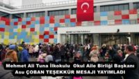 Mehmet Ali Tuna İlkokulu  Okul Aile Birliği Başkanı Asu ÇOBAN TEŞEKKÜR MESAJI YAYIMLADI