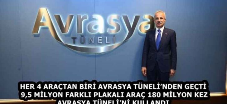 HER 4 ARAÇTAN BİRİ AVRASYA TÜNELİ’NDEN GEÇTİ 9,5 MİLYON FARKLI PLAKALI ARAÇ 180 MİLYON KEZ AVRASYA TÜNELİ’Nİ KULLANDI