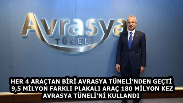HER 4 ARAÇTAN BİRİ AVRASYA TÜNELİ’NDEN GEÇTİ 9,5 MİLYON FARKLI PLAKALI ARAÇ 180 MİLYON KEZ AVRASYA TÜNELİ’Nİ KULLANDI