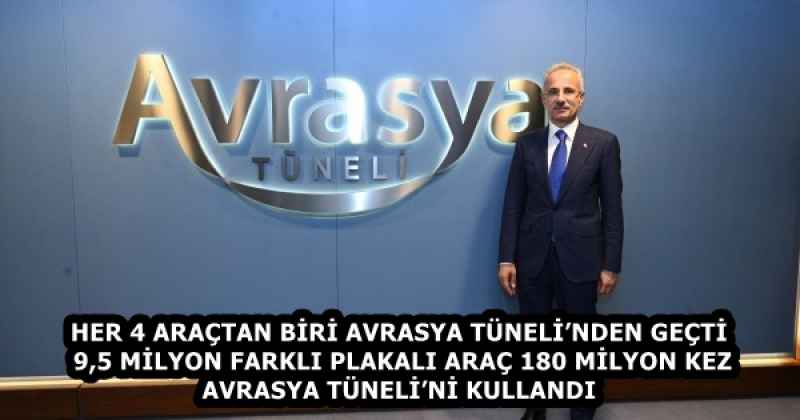 HER 4 ARAÇTAN BİRİ AVRASYA TÜNELİ’NDEN GEÇTİ  9,5 MİLYON FARKLI PLAKALI ARAÇ 180 MİLYON KEZ AVRASYA TÜNELİ’Nİ KULLANDI